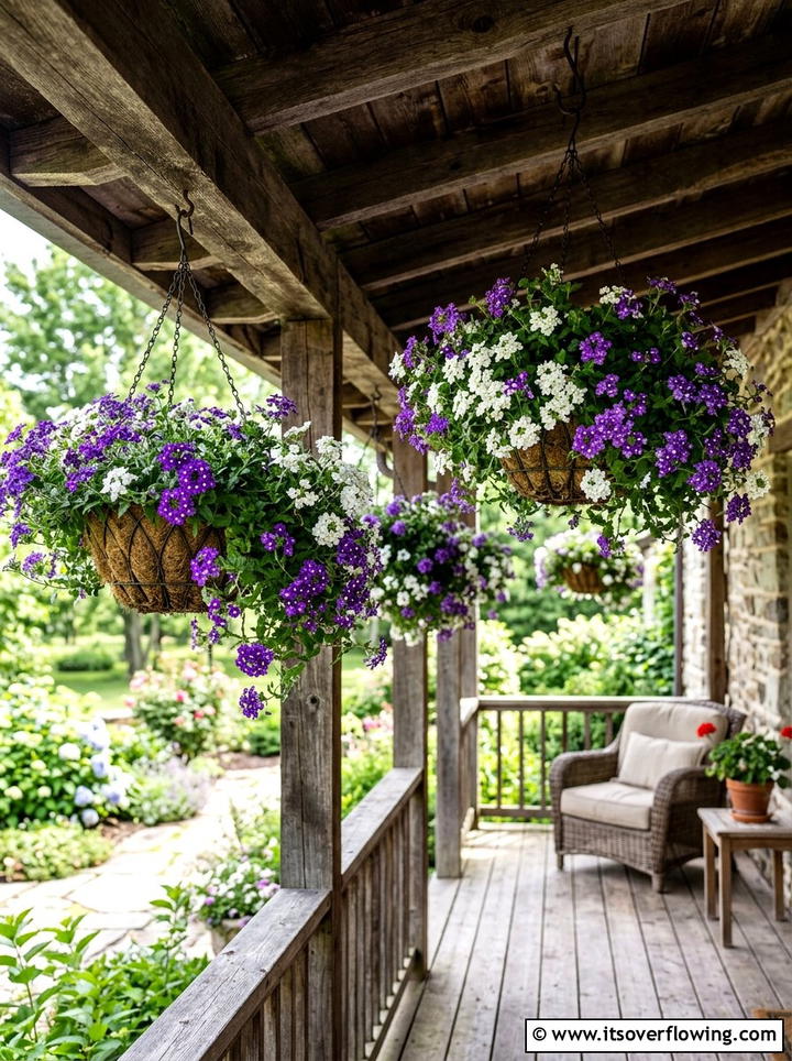Hanging baskets with verbena flowers - 25 front porch ideas with sun loving plants