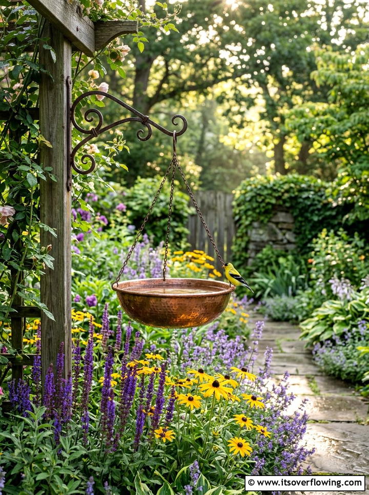 Hanging bird bath - 25 garden decor ideas with hanging decor