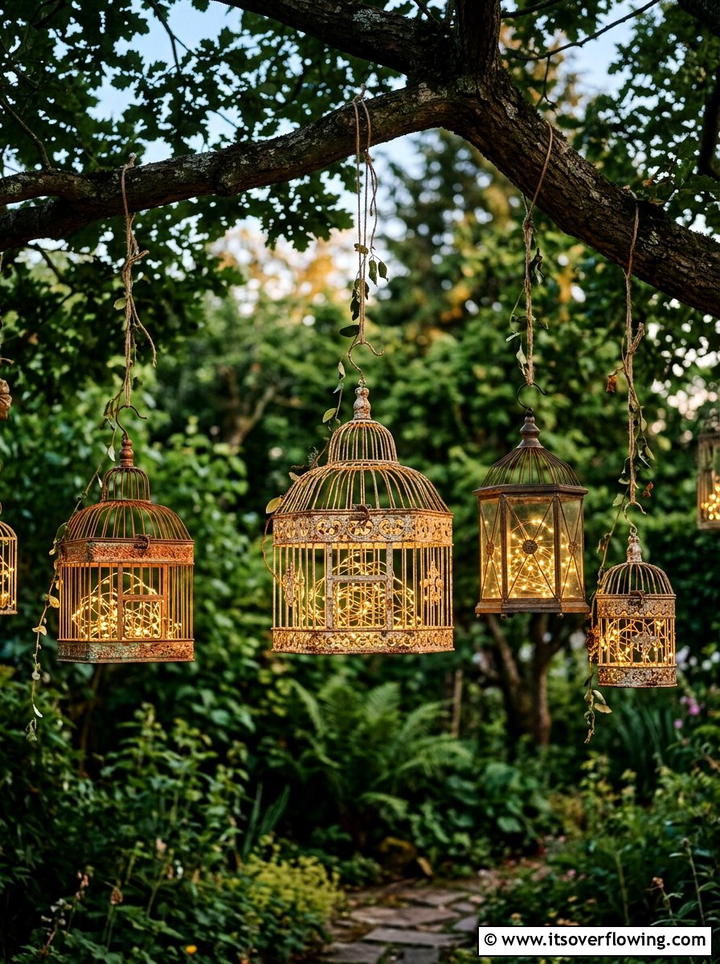 Hanging birdcage lights - 25 garden decor ideas with fairy lights