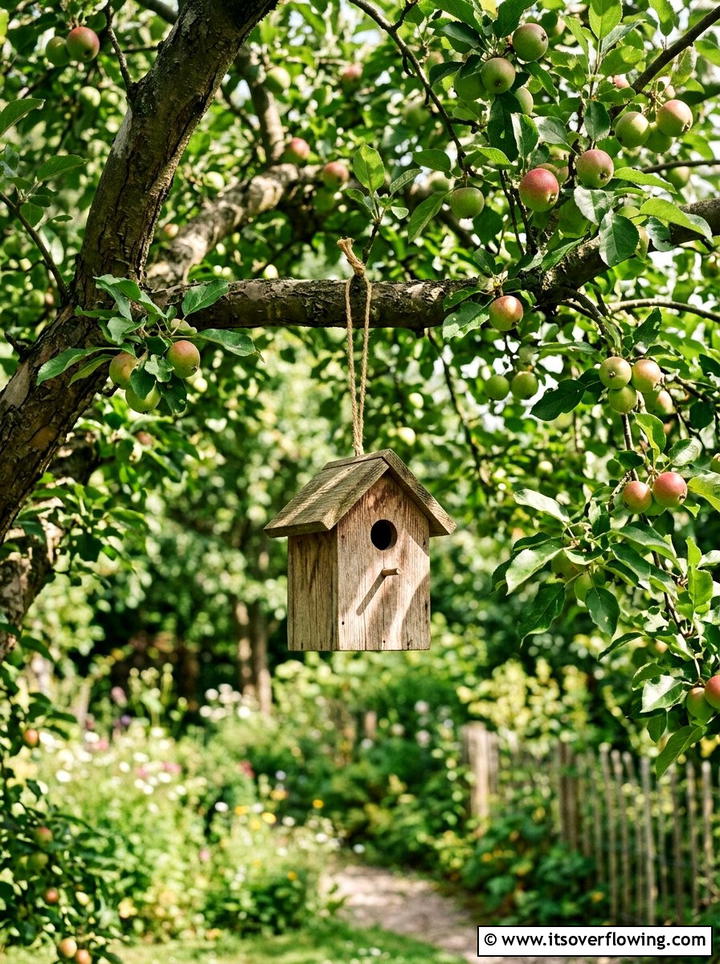 Hanging birdhouse in apple tree - 25 garden decor ideas with birdhouses