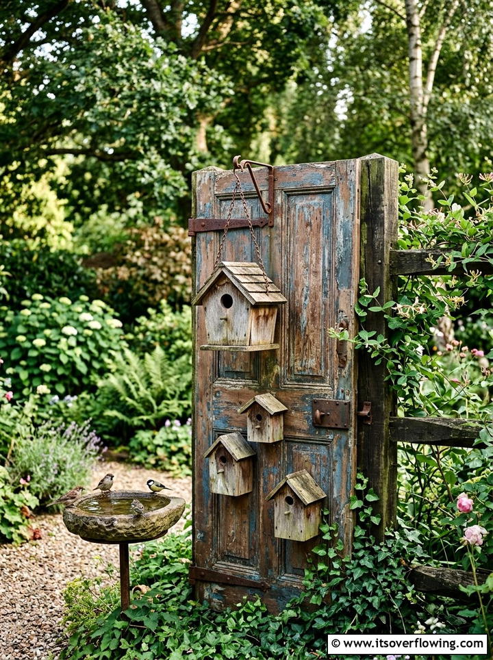 Hanging birdhouse on old door - 25 garden decor ideas with old doors