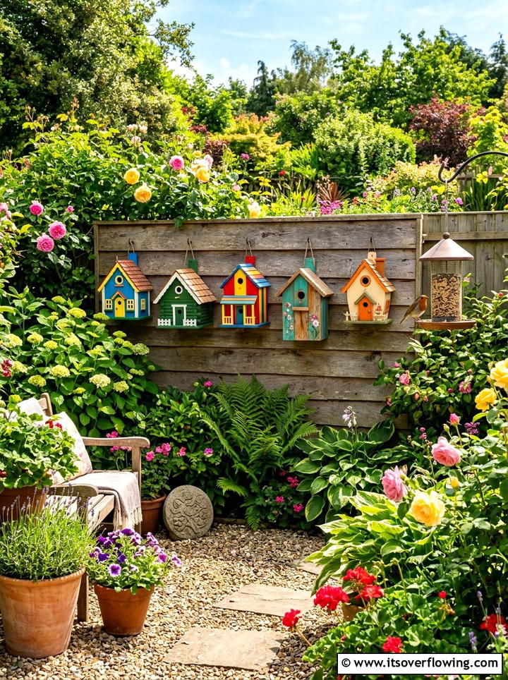 Hanging birdhouse wall display - 25 garden decor ideas with wall art