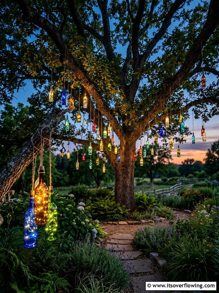 Hanging bottle lights tree - 25 garden decor ideas with bottle lights