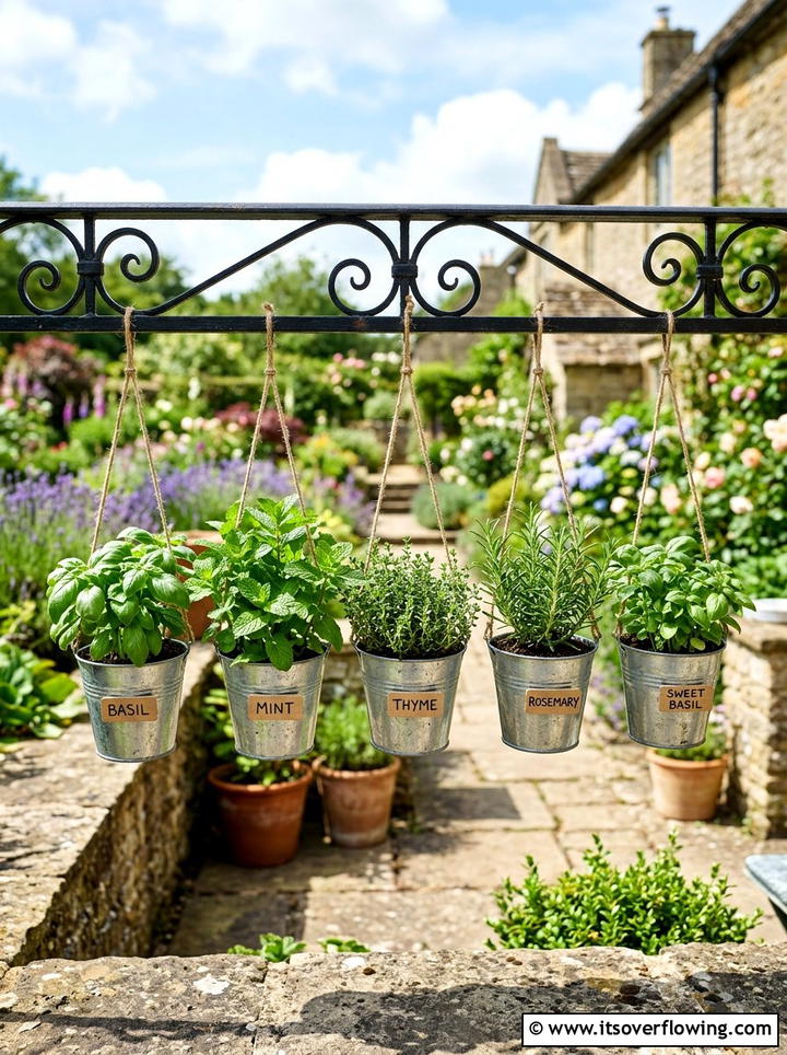 Hanging bucket herb garden - 25 upcycled garden ideas with old buckets