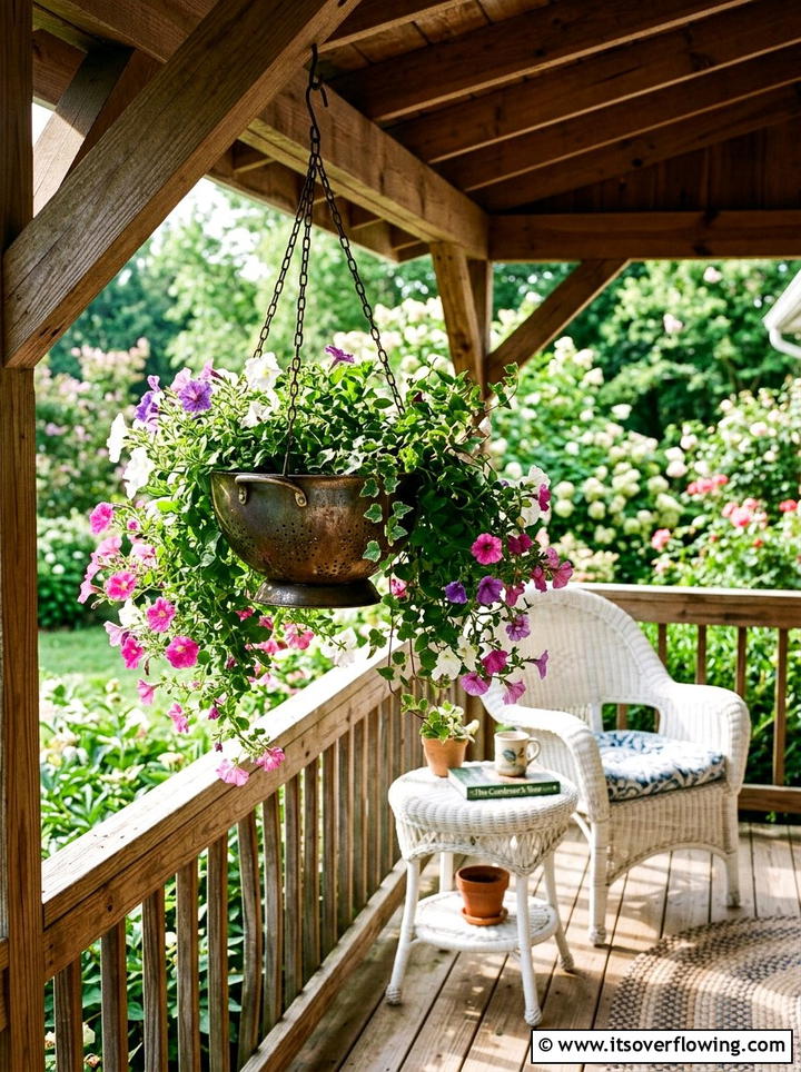 Hanging colander planter - 25 upcycled garden ideas with old colanders