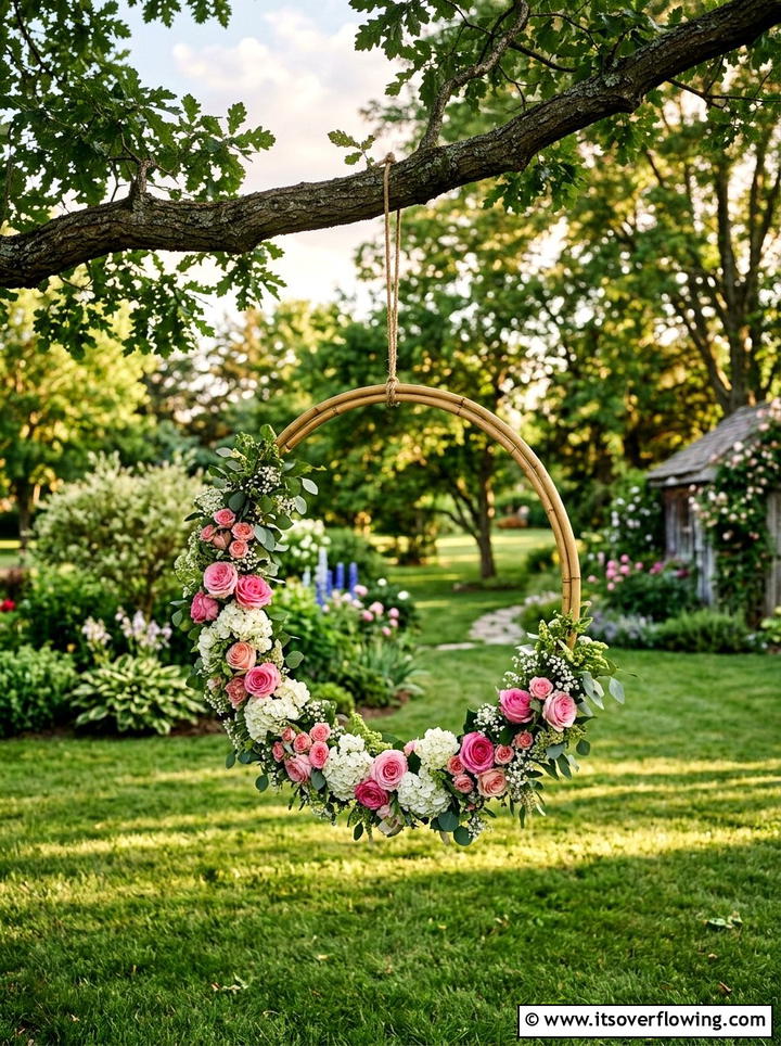Hanging floral hoop tree - 25 garden decor ideas with floral hoops