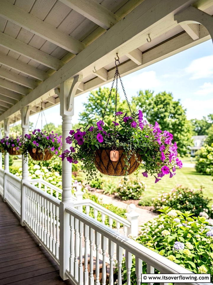 Hanging flower basket monogram tag - 25 front porch ideas with monogram decor