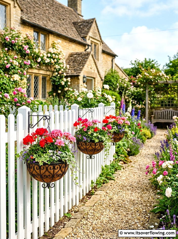 Hanging flower baskets - 25 backyard decorating ideas with fence decor