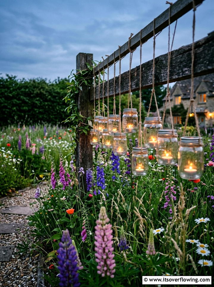 Hanging glass jars with tea lights - 25 small garden ideas with lighting