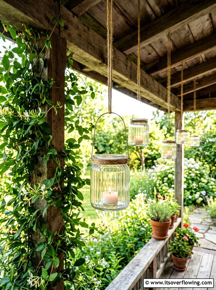 Hanging glass jars - 25 front porch decor ideas with candle holders