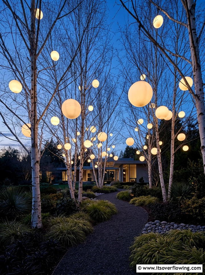 Hanging globes in trees - 25 backyard decorating ideas with holiday lights