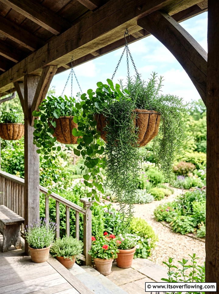 Hanging herb basket display - 25 creative garden ideas with medicinal herbs