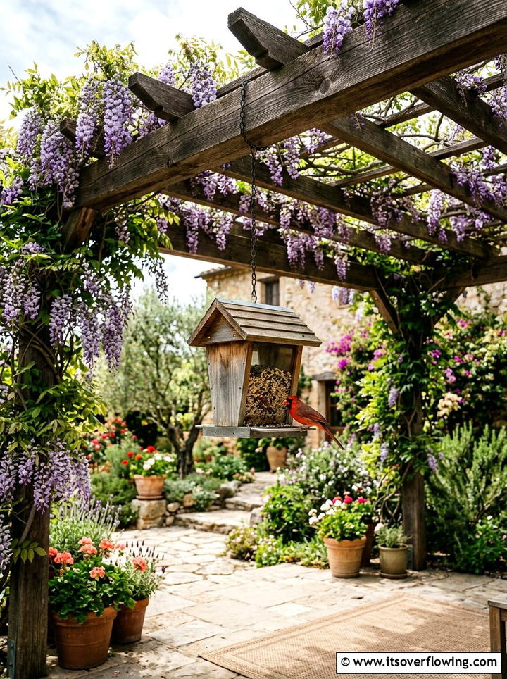 Hanging hopper feeder under pergola - 25 garden ideas with bird feeders