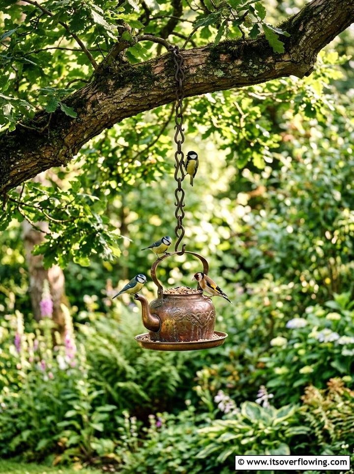 Hanging kettle bird feeder - 25 upcycled garden ideas with old kettles