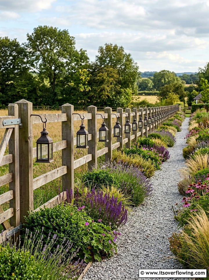 Hanging lanterns along fence line - 25 garden decor ideas with lanterns