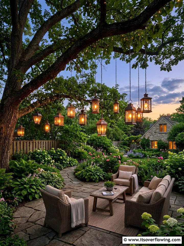Hanging lanterns from tree branches - 25 garden decor ideas with lanterns
