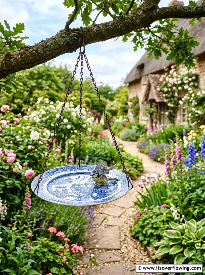 Hanging plate bird bath - 25 upcycled garden ideas with bird baths