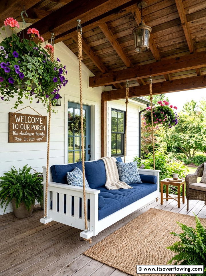 Hanging porch swing setup - 25 front porch decor ideas with personalized welcome sign