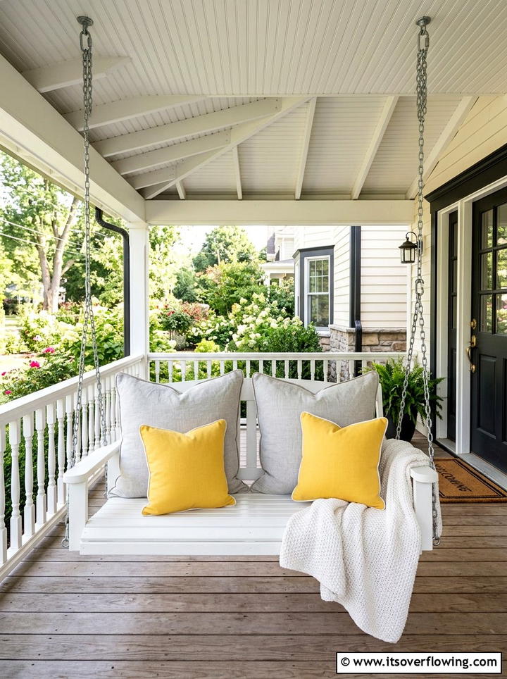Hanging porch swing with oversized pillows - 25 front porch decor ideas with pillows