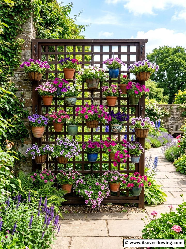Hanging pot lattice display - 25 backyard ideas with lattice wall