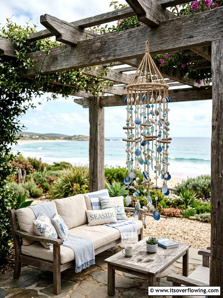 Hanging shell wind chime - 25 garden decor ideas with shell accents