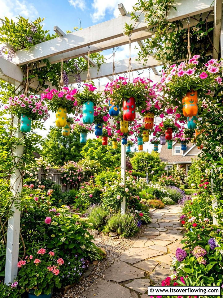 Hanging soda bottle planter - 25 recycled garden ideas with vertical bottle wall