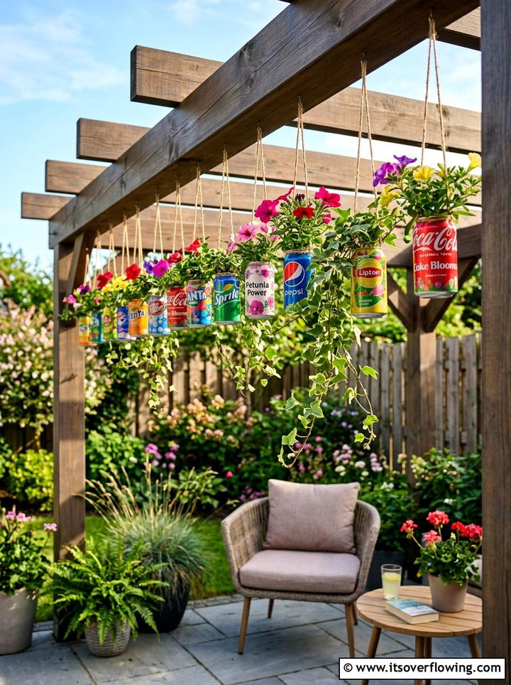 Hanging soda can planters - 25 recycled garden ideas with aluminum cans