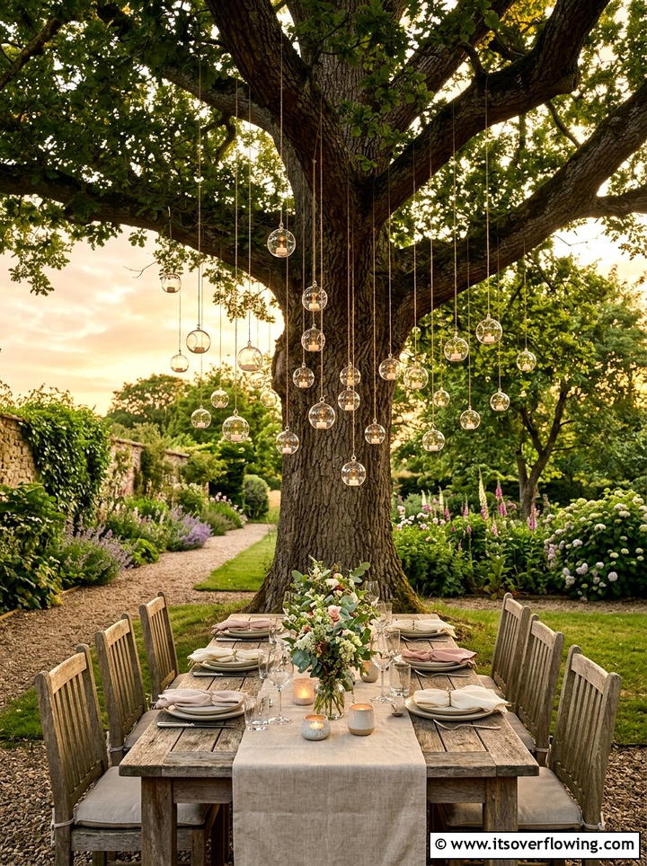 Hanging tea lights in trees - 25 garden decor ideas with tea lights