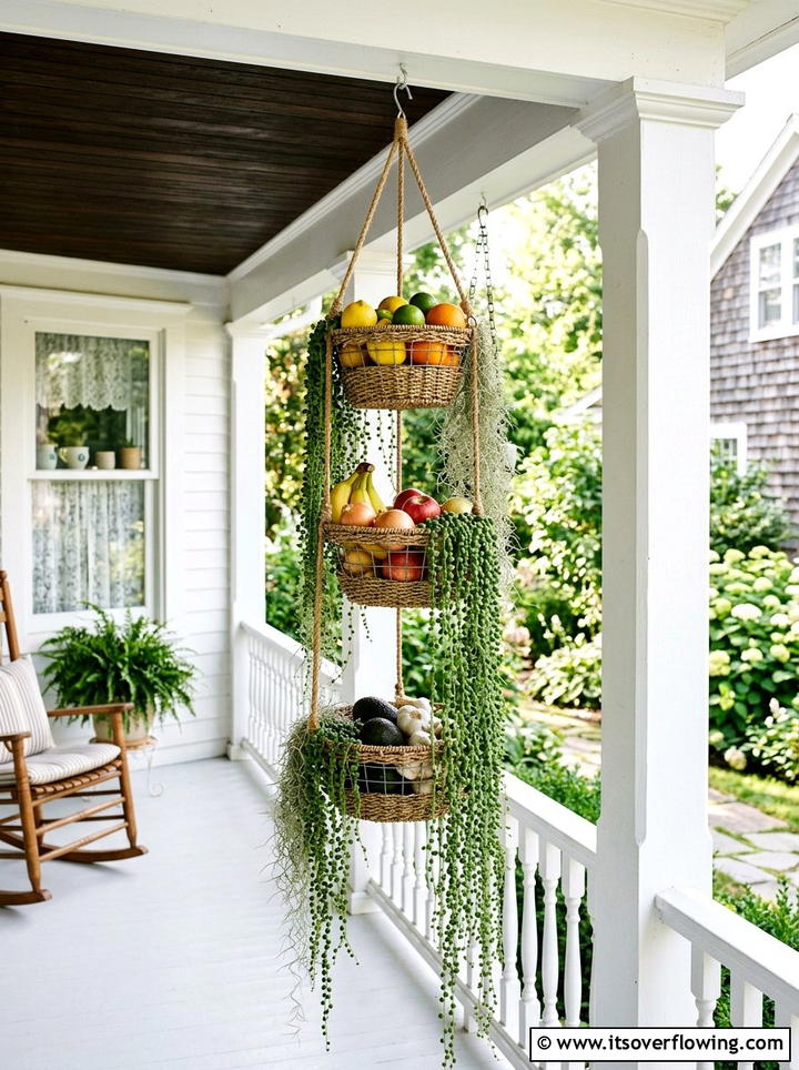 Hanging tiered fruit baskets - 25 front porch decor ideas with baskets