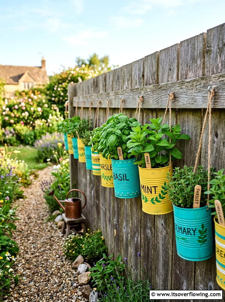 Hanging tin can herb garden - 25 upcycled garden ideas for narrow spaces