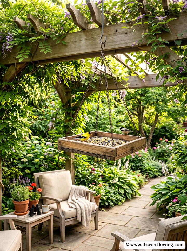 Hanging tray bird feeder - 25 garden decor ideas with feeders