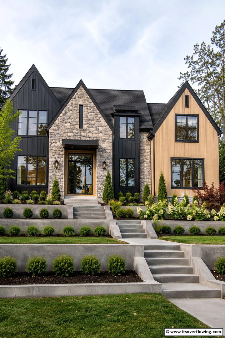 Harmonious Material Blends - 30 Modern Tudor Exterior Ideas for Timeless Curb Appeal
