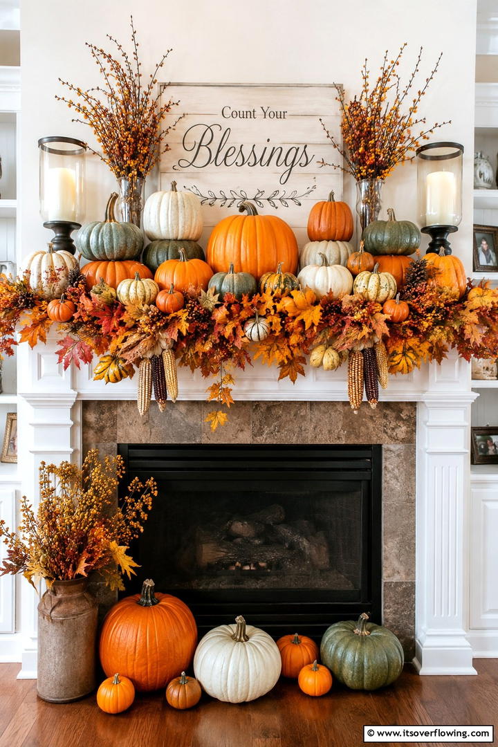 Harvest Abundance Mantel with Pumpkin Layers - 50 Fall Mantel Decor Ideas for Cozy Spaces This Season