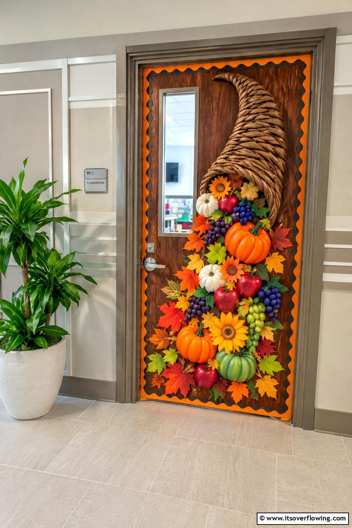 Harvest Cornucopia Theme - 50 Fall Door Decor Classroom Ideas for Cozy Entryways