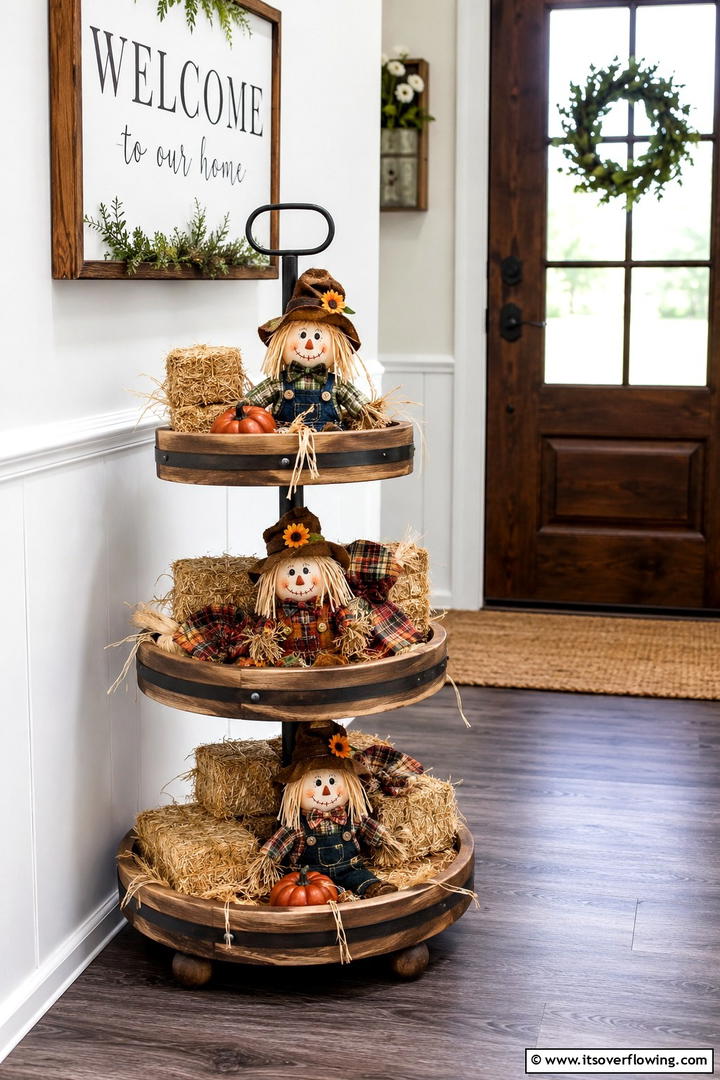 Hay Bale and Scarecrow - 50 Fall Tiered Tray Decor Ideas for Festive Shelves