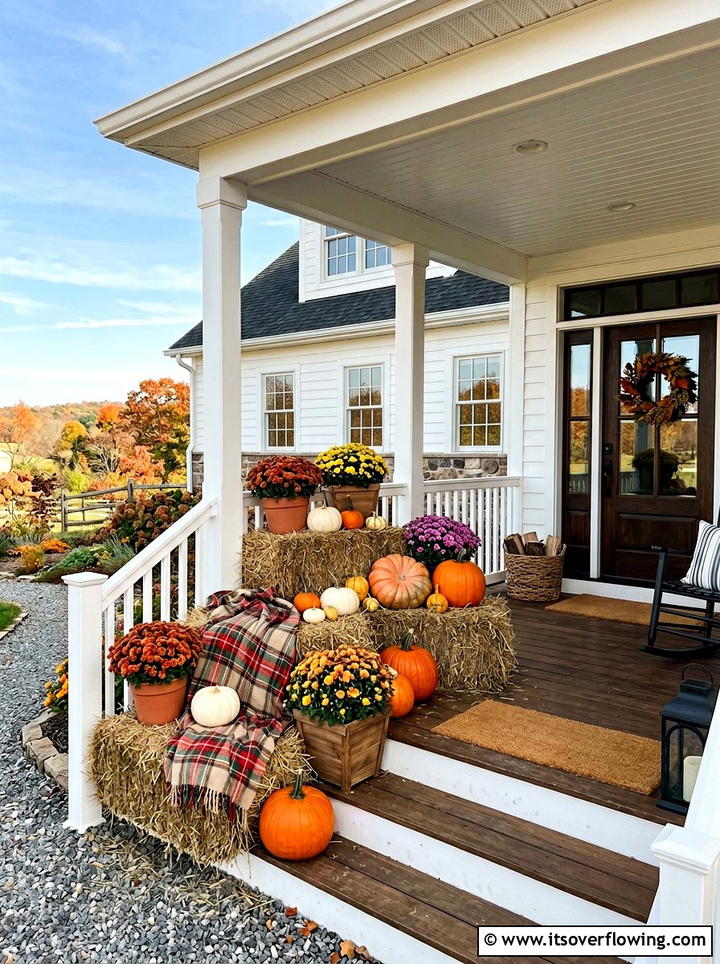 Hay bale display - 25 front porch decor ideas for thanksgiving