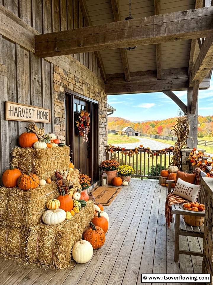 Hay bales and pumpkins porch - 25 front porch ideas with pumpkins