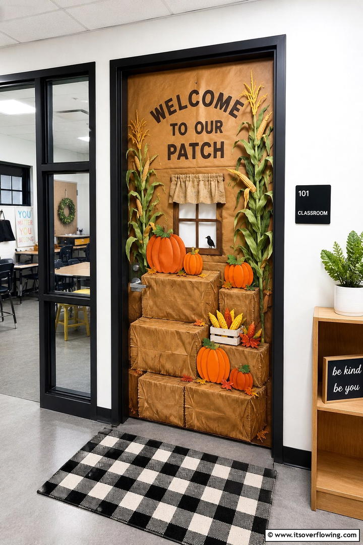 Haystack Harvest Scene - 50 Fall Door Decor Classroom Ideas for Cozy Entryways