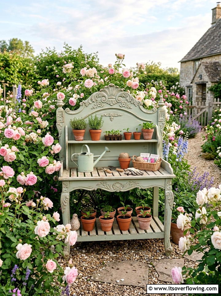 Headboard Potting Bench - 25 upcycled garden ideas with potting benches