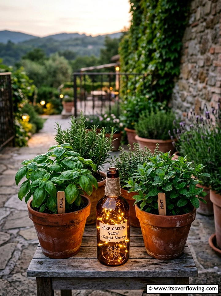 Herb Garden Glow Bottle - 25 garden ideas with bottle lights