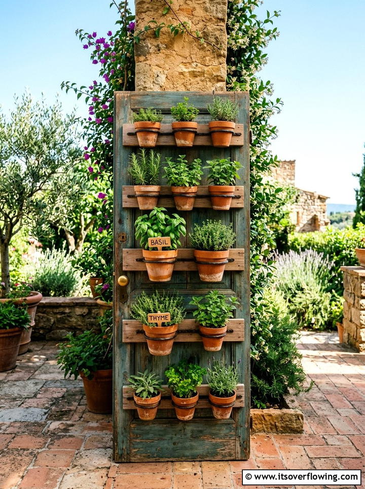 Herb Rack From Vintage Door - 25 upcycled garden ideas with old doors