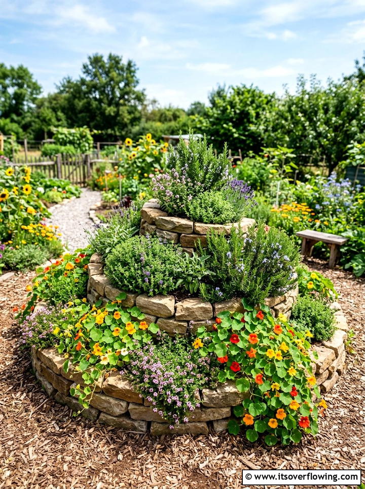 Herb Spiral With Flowers - 25 garden design ideas with herbs and flowers