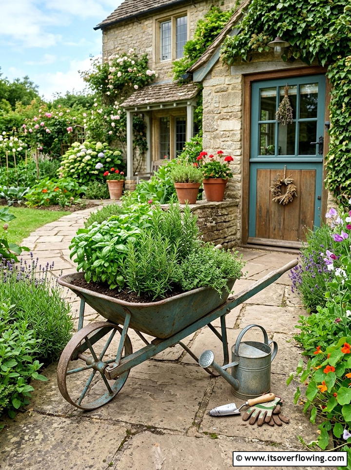 Herb garden wheelbarrow - 25 upcycled garden ideas with old wheelbarrows