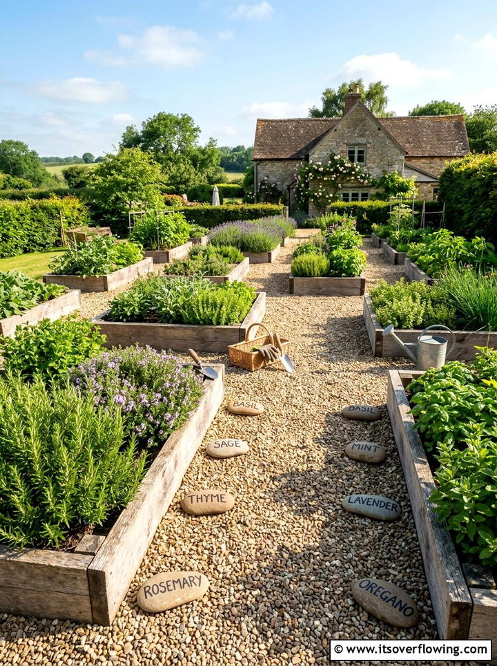 Herb garden with pebble markers - 25 garden decor ideas with pebble accents