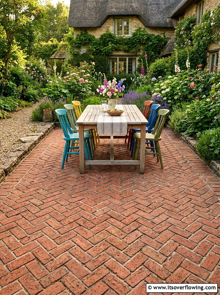 Herringbone Brick Patio - 25 backyard ideas with pavers