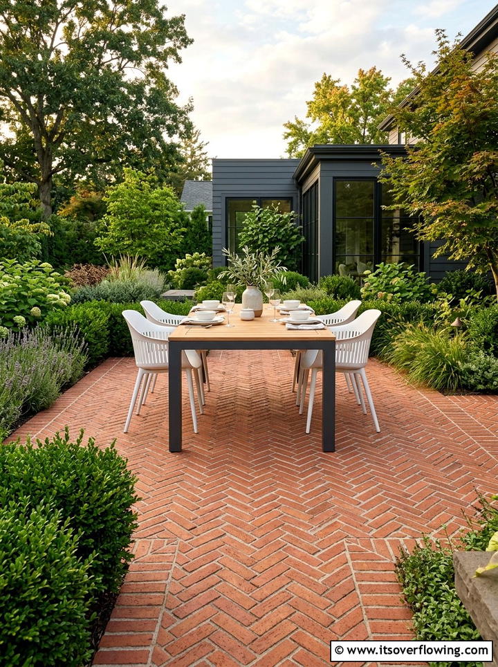 Herringbone Brick Patio - 25 backyard ideas with brick patio