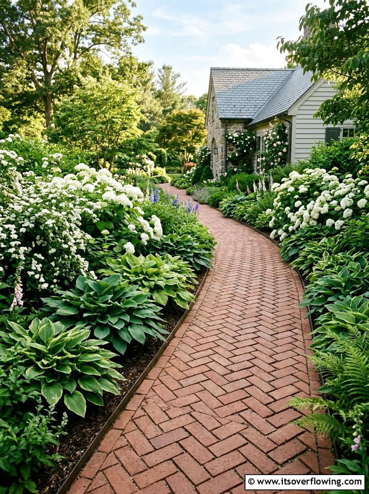Herringbone Pattern Brick Path - 25 small garden ideas with narrow pathways
