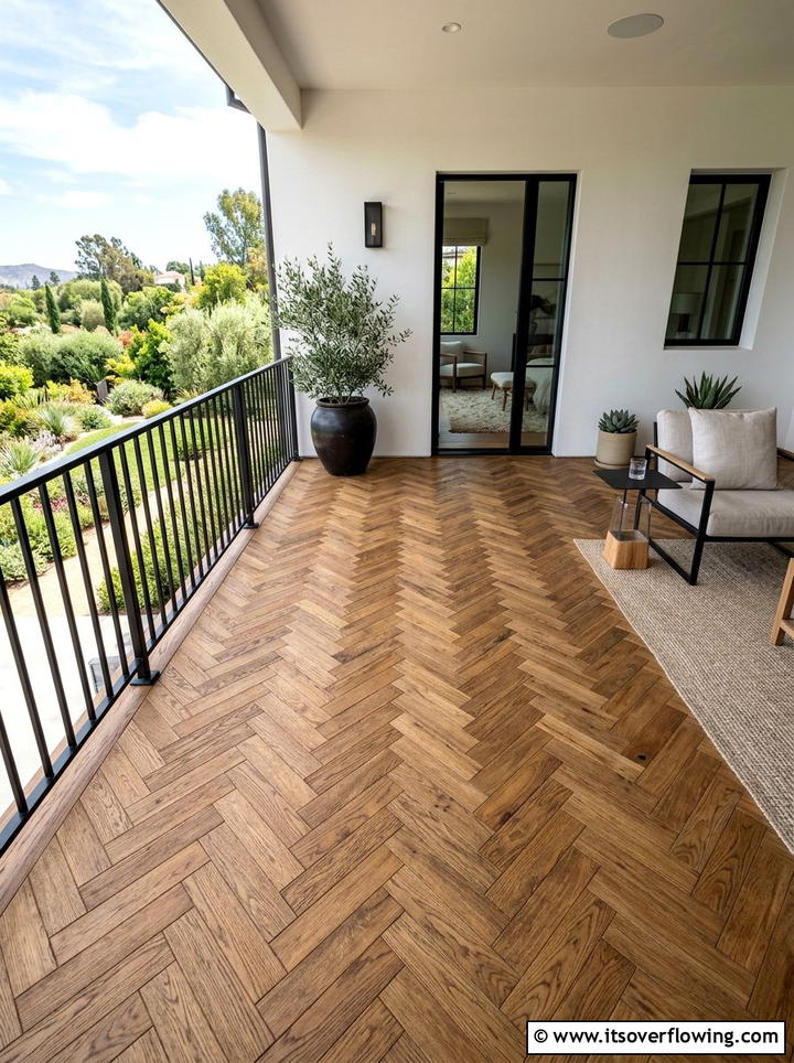 Herringbone Pattern Wood Floor - 25 front porch ideas with wood accents