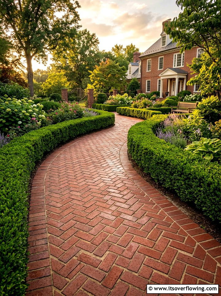 Herringbone brick walkway - 25 backyard ideas with pathways