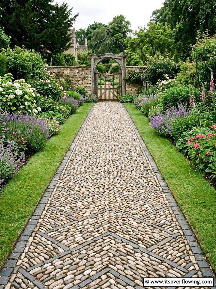 Herringbone pebble path - 25 garden ideas with pebble mosaics